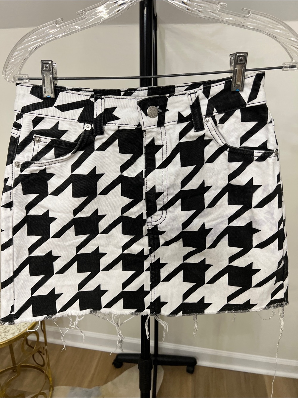 Topshop Black & White Houndstooth Denim Mini Skirt